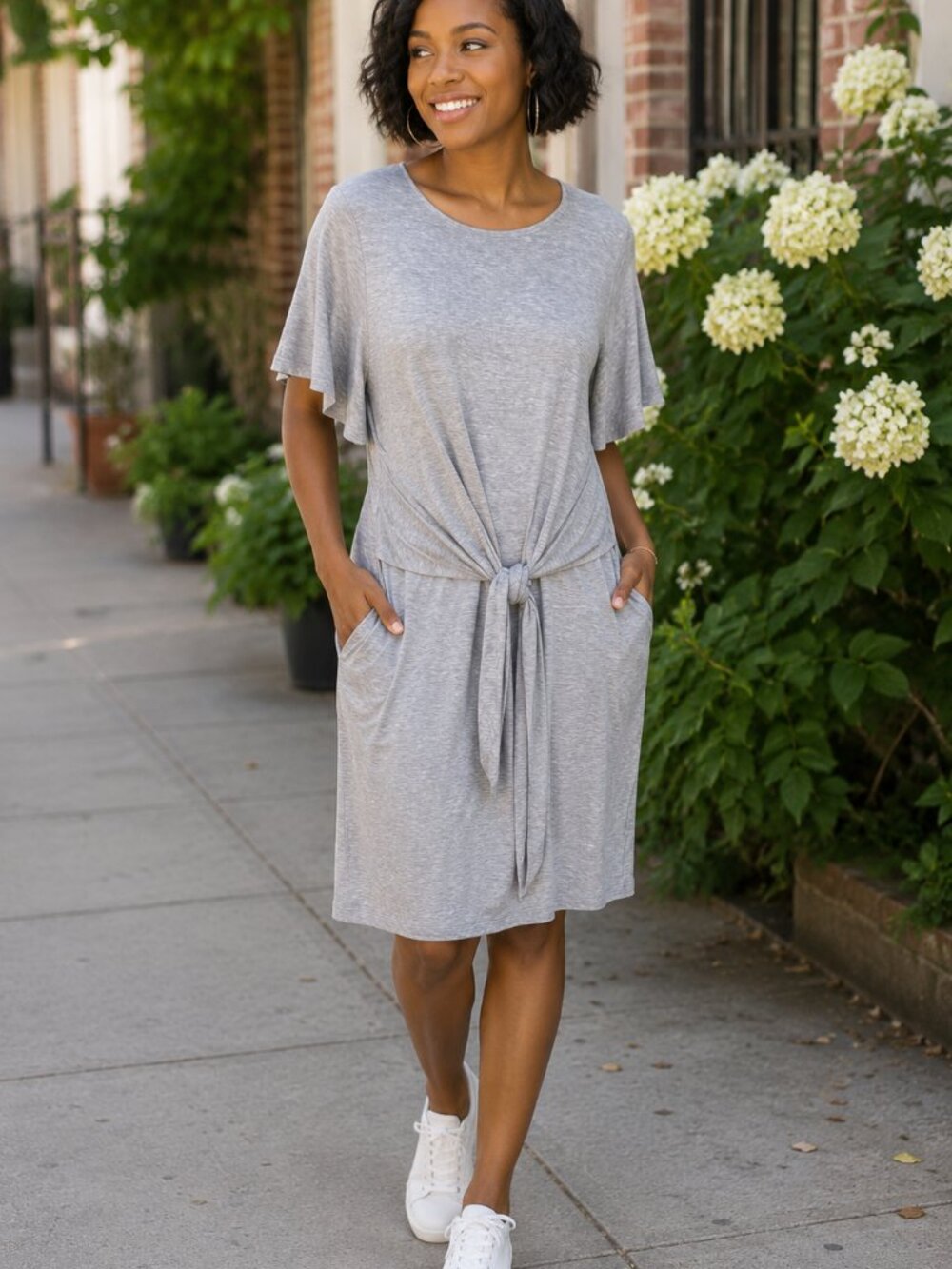 Davi & Dani Womens NWT Knit Dress Size M Gray Attached Belt Short Flutter Sleeve